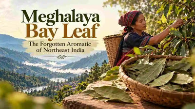Khasi woman hand-harvesting wild Meghalaya bay leaf (tej patta) in the misty hills of Northeast India, with a woven basket of fresh leaves