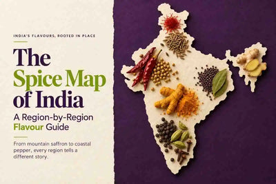 Spice map of India showing regional spices like Kashmir saffron, turmeric, red chillies, black pepper, cardamom and cloves