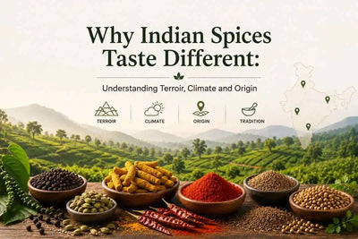 Indian spices from different regions with terroir, climate and origin factors