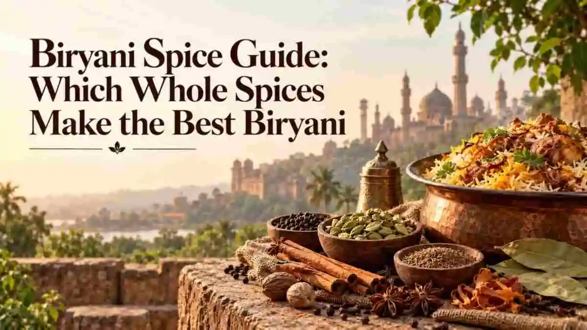 Biryani spice guide featuring a copper pot of biryani with whole spices including cardamom, cinnamon, cumin, star anise, peppercorns and bay leaves.