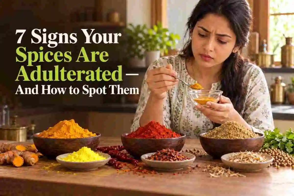 Woman inspecting turmeric in a bowl with turmeric, red chilli and coriander powders, illustrating signs of spice adulteration.