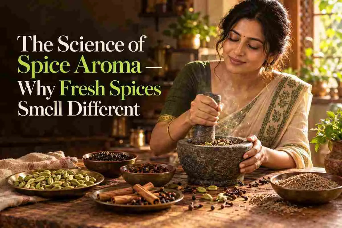Woman in saree grinding fresh whole spices in a stone mortar with bowls of cardamom, pepper, cinnamon and cumin on a wooden table