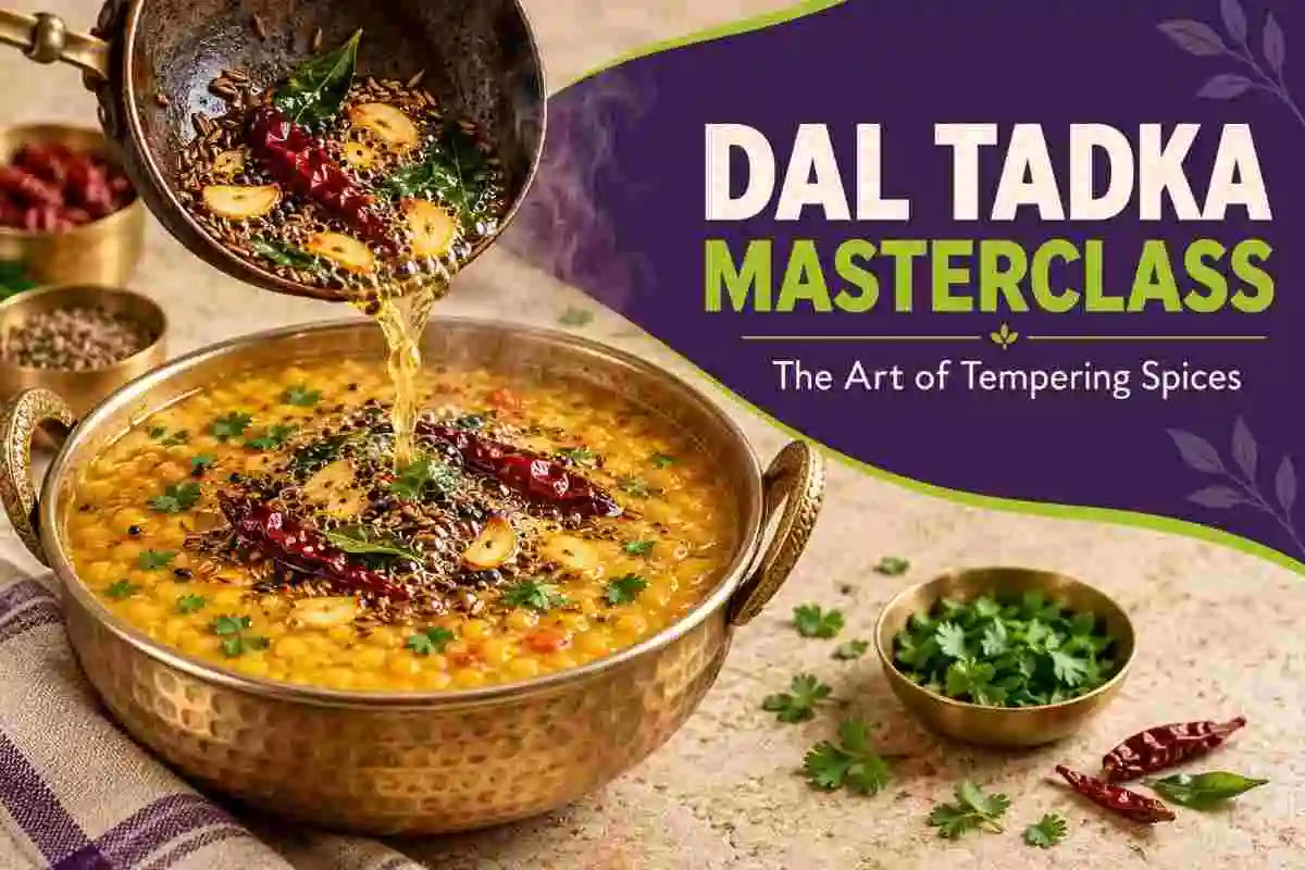 Hot spice tempering with cumin seeds, dried red chillies, garlic and curry leaves being poured over golden dal tadka in a traditional brass bowl, illustrating the art of Indian spice tempering.