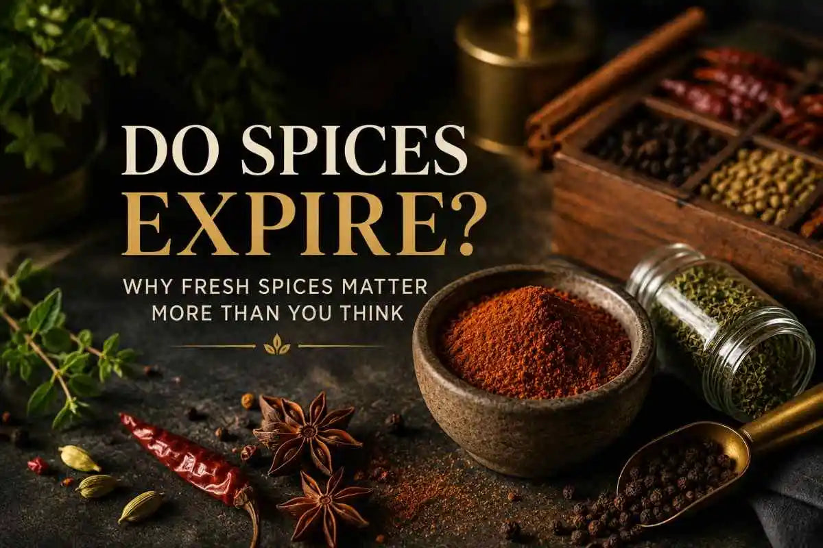 Assortment of whole and ground spices with a headline about spice freshness and expiry