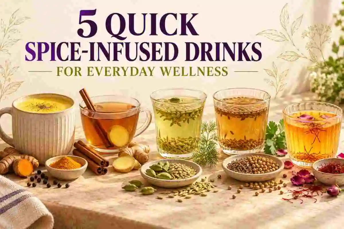 5 quick spice-infused wellness drinks featuring golden turmeric milk, cinnamon ginger tea, fennel seed water, cumin coriander tea, and saffron-infused herbal tea, made with natural Indian spices for everyday wellness.