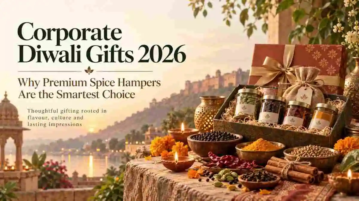 Corporate Diwali gifts 2026 featuring a premium spice hamper with cardamom, black pepper, turmeric and festive Indian gifting decor
