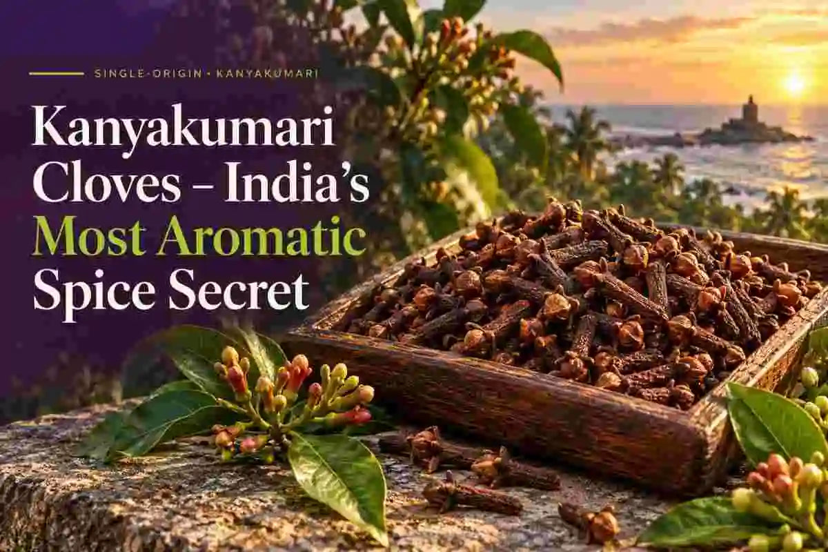 Kanyakumari cloves displayed in a wooden tray with clove buds and coastal sunset scenery, highlighting India’s aromatic single-origin spice.