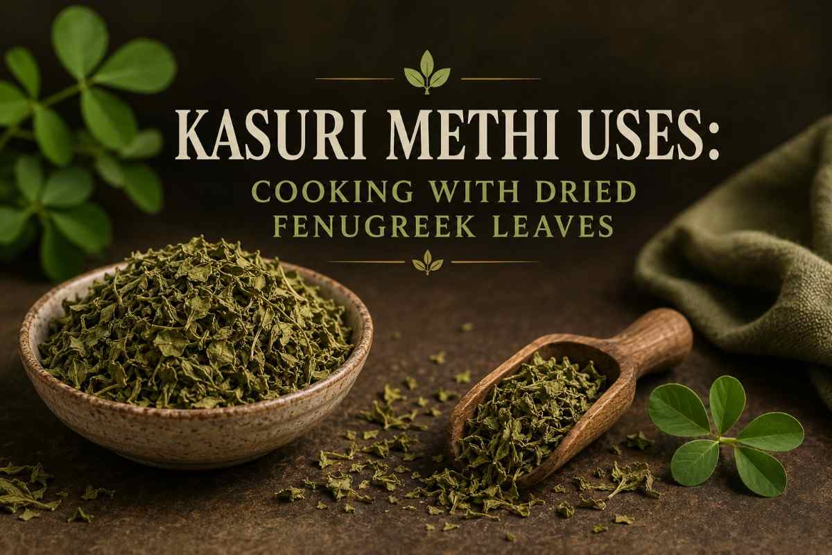 Kasuri methi dried fenugreek leaves in a bowl with traditional Indian ingredients and cooking utensils.