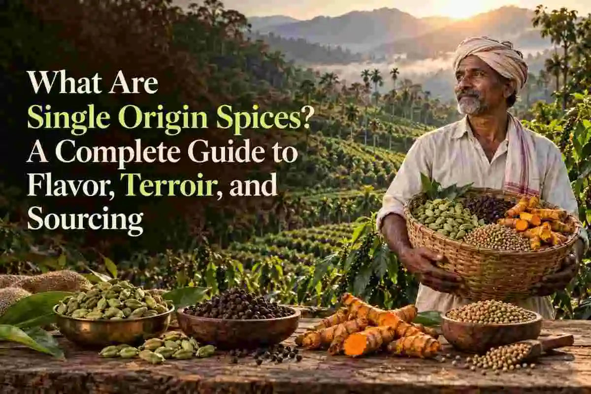 Single origin spice farmer holding a basket of fresh cardamom, black pepper, turmeric and coriander on a lush spice farm.
