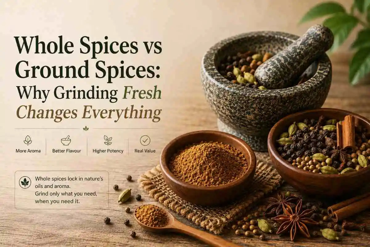 Whole and ground spices with mortar and pestle for fresh grinding