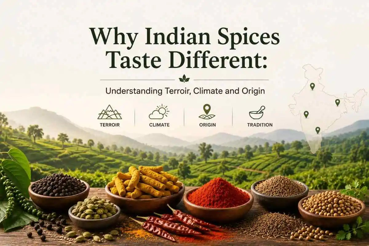 Indian spices from different regions with terroir, climate and origin factors