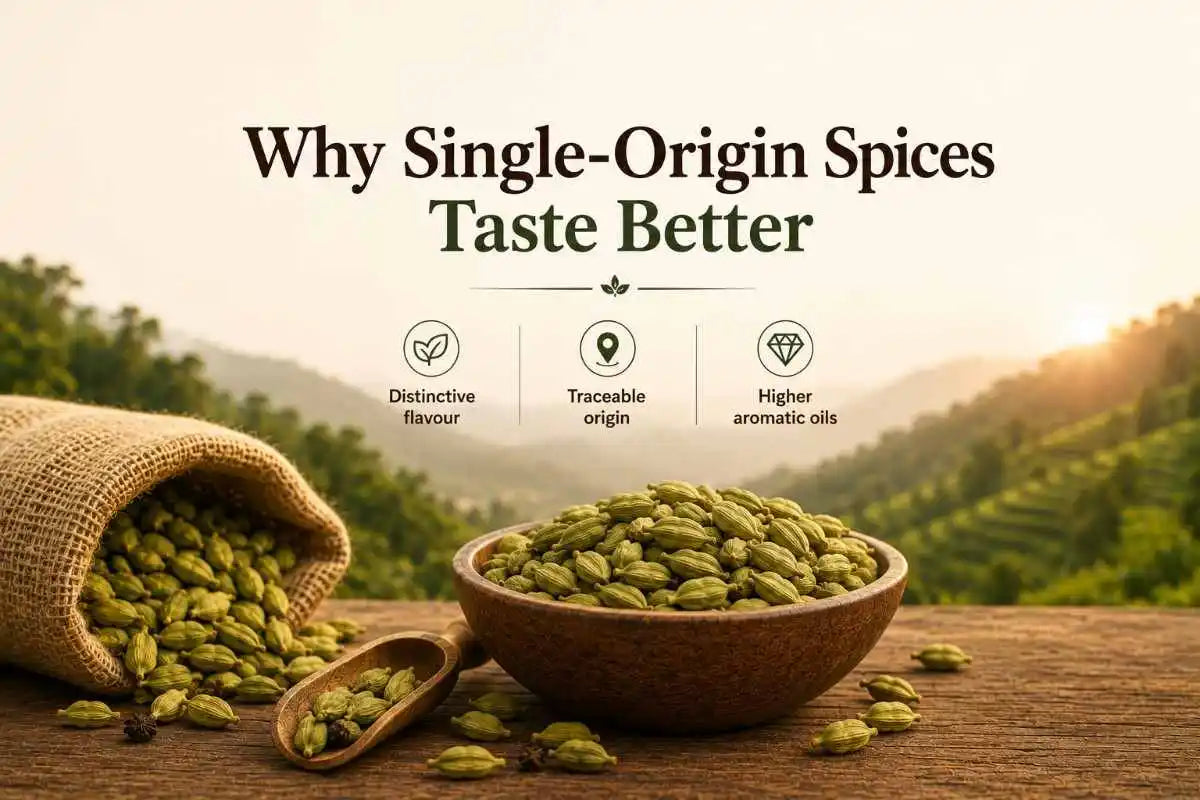 Green cardamom in a bowl with a single-origin spice farm landscape