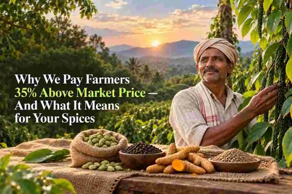 Indian spice farmer harvesting black pepper with cardamom, turmeric and whole spices displayed on a farm table.