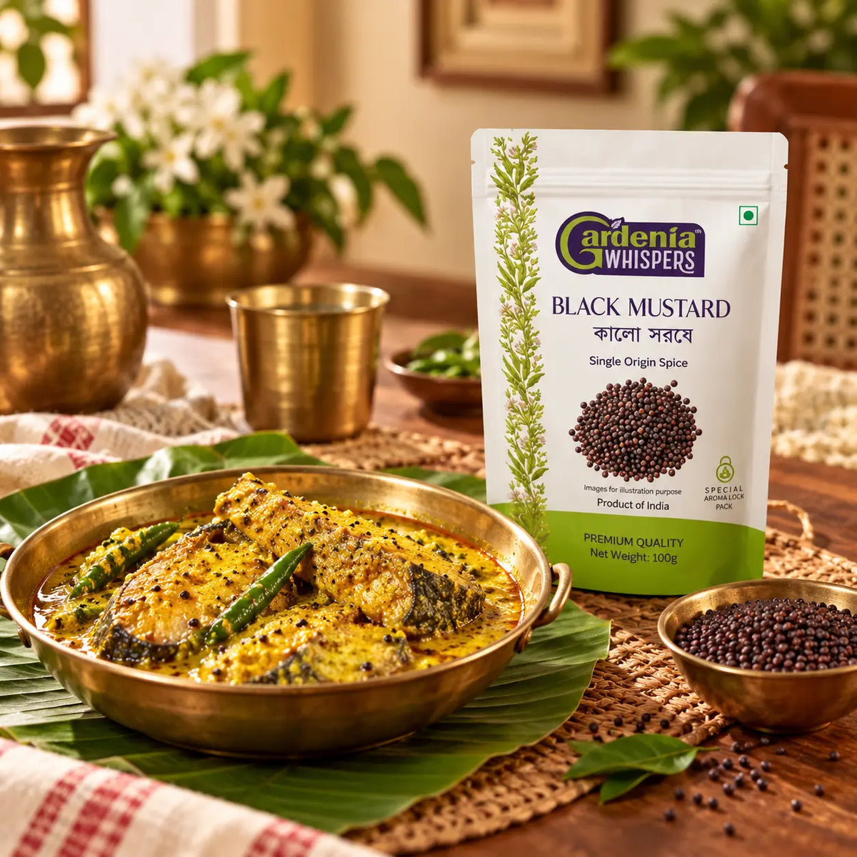 Gardenia Whispers Black Mustard Seeds 100g pack with traditional Bengali fish curry served in brass kadai on banana leaf