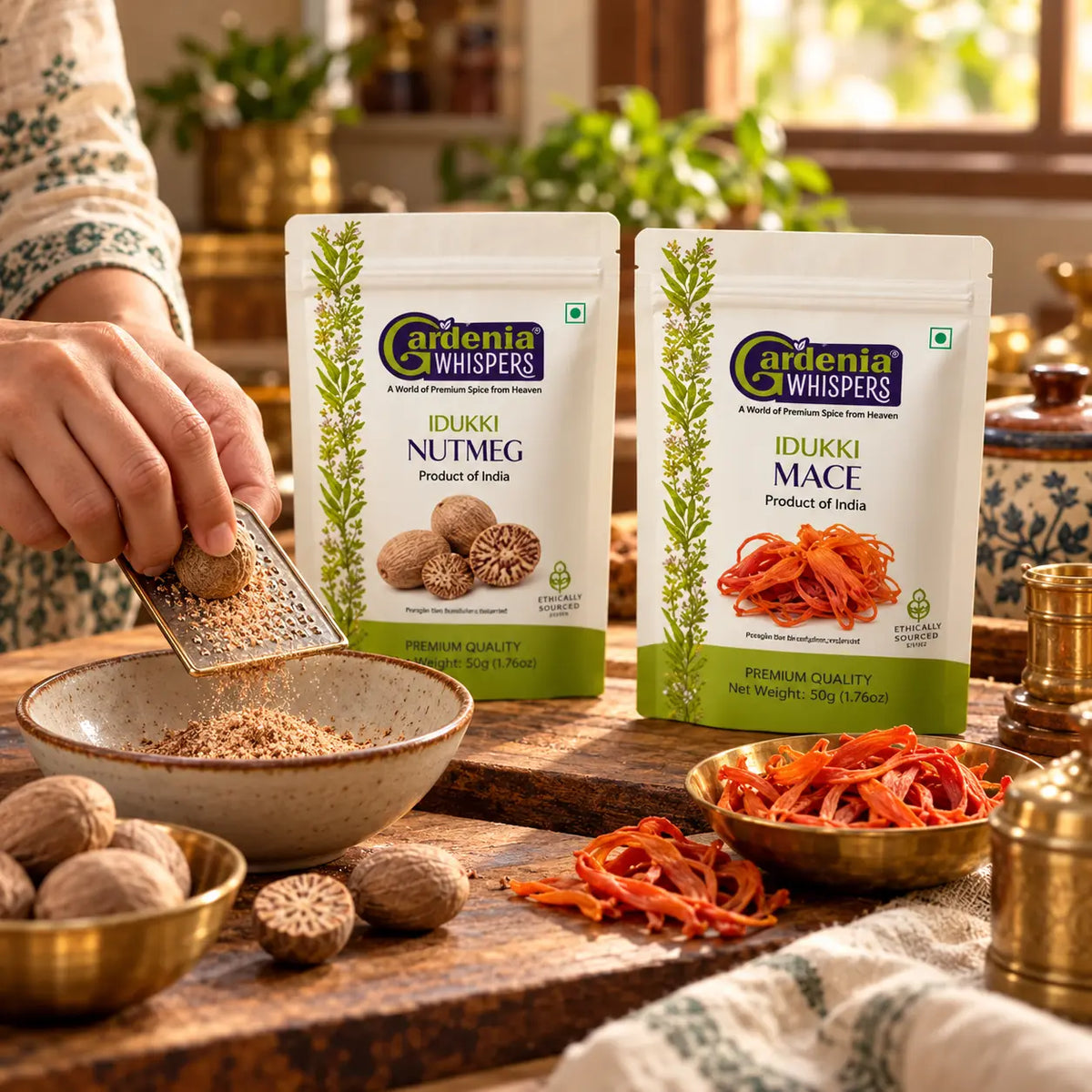 Gardenia Whispers Idukki Nutmeg and Idukki Mace 50g packs with whole nutmeg being freshly grated and javitri mace blades in brass bowl