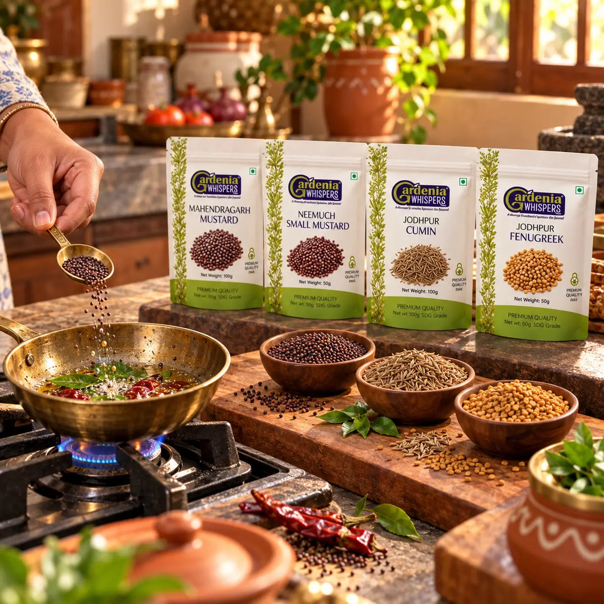 Gardenia Whispers tadka spices Mahendragarh Mustard Neemuch Small Mustard Jodhpur Cumin and Jodhpur Fenugreek packs with mustard seeds tempering in brass kadai on gas stove