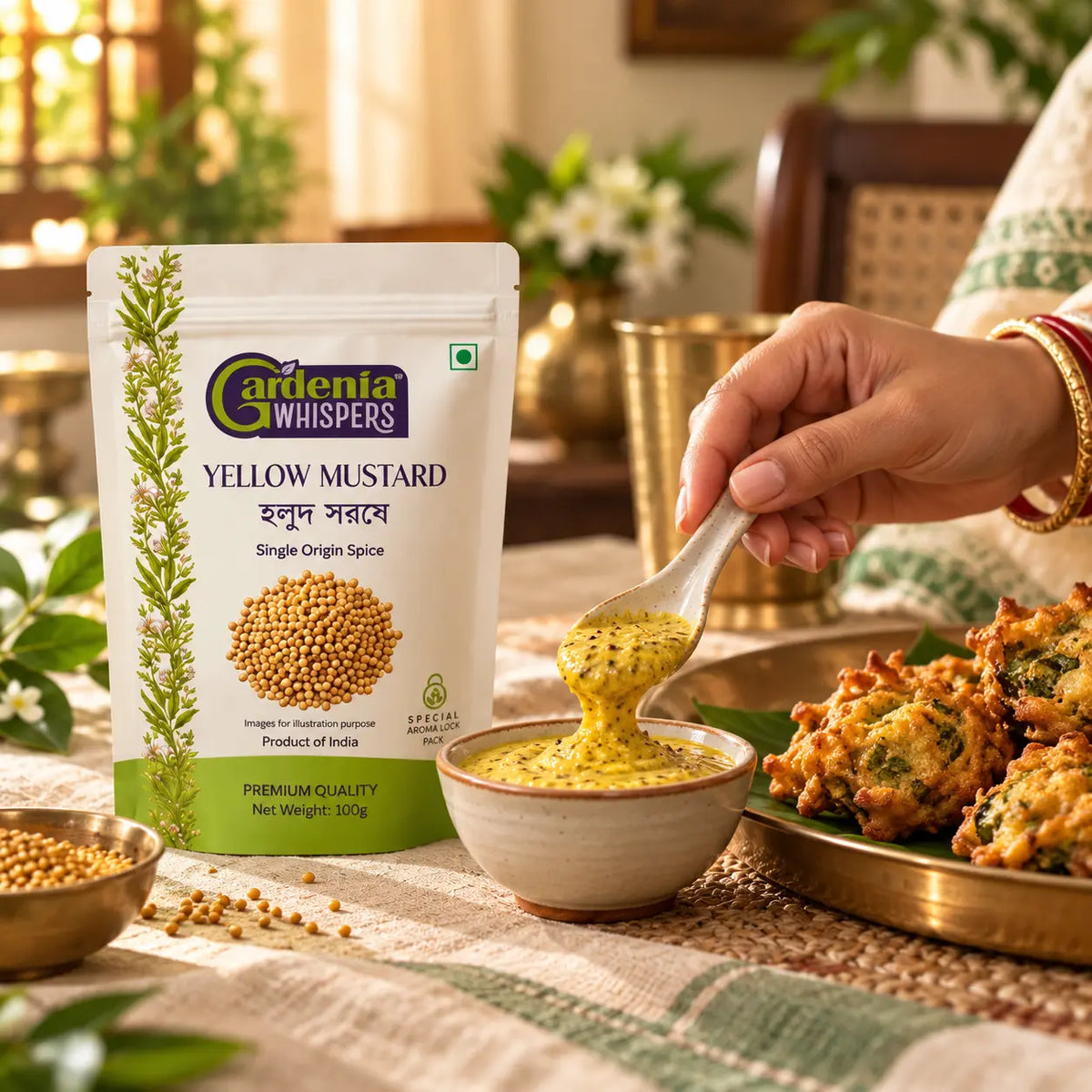 Gardenia Whispers Yellow Mustard Seeds 100g pack with homemade kasundi mustard dip and crispy vegetable pakoras