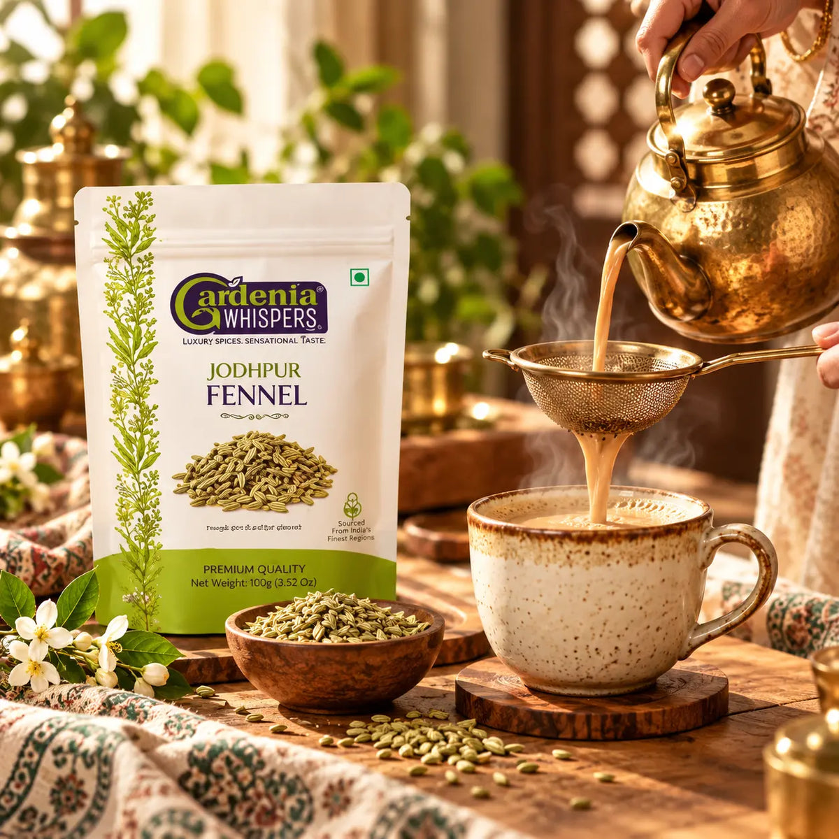 Gardenia Whispers Jodhpur Fennel 100g pack with saunf seeds in wooden bowl and masala chai being poured through brass strainer into cup