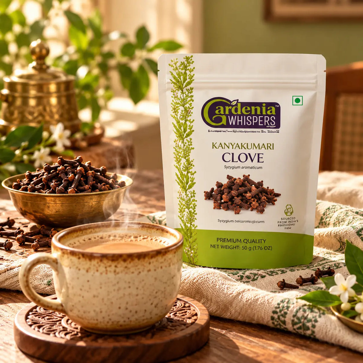 Gardenia Whispers Kanyakumari Clove 50g pack with whole laung cloves in brass bowl beside freshly brewed clove chai on wooden coaster