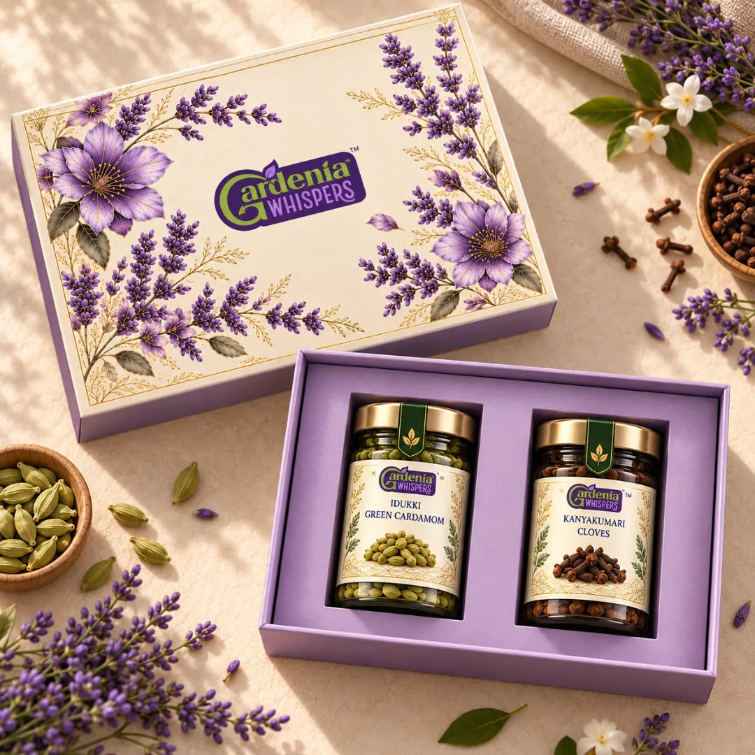 A Gardenia Whispers gift set featuring two jars of spices in a lavender box, with the matching floral gift box displayed above on a styled beige surface surrounded by lavender, cardamom seeds, cloves, and small white flowers.