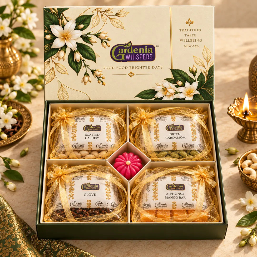 Gardenia Whispers Shephali premium spice gift box open front view with four gold ribbon-wrapped potli pouches containing roasted cashew, green cardamom, clove and alphonso mango bar, floral lid standing behind, brass diyas on both sides