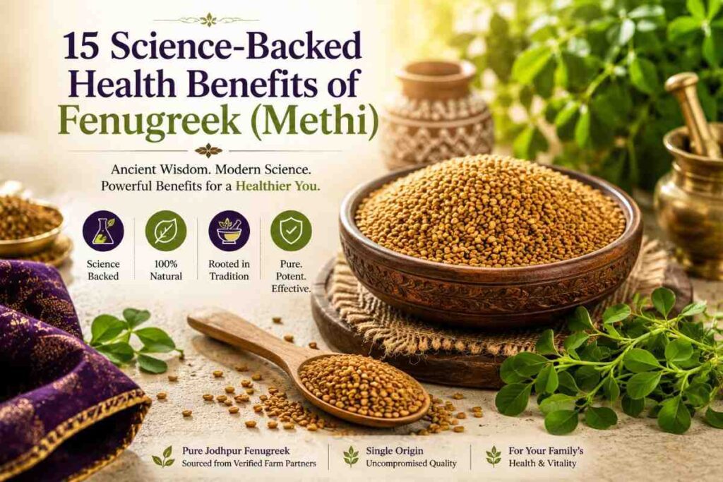 Premium Jodhpur fenugreek seeds (methi) in a wooden bowl with fresh methi leaves showcasing the health benefits of fenugreek
