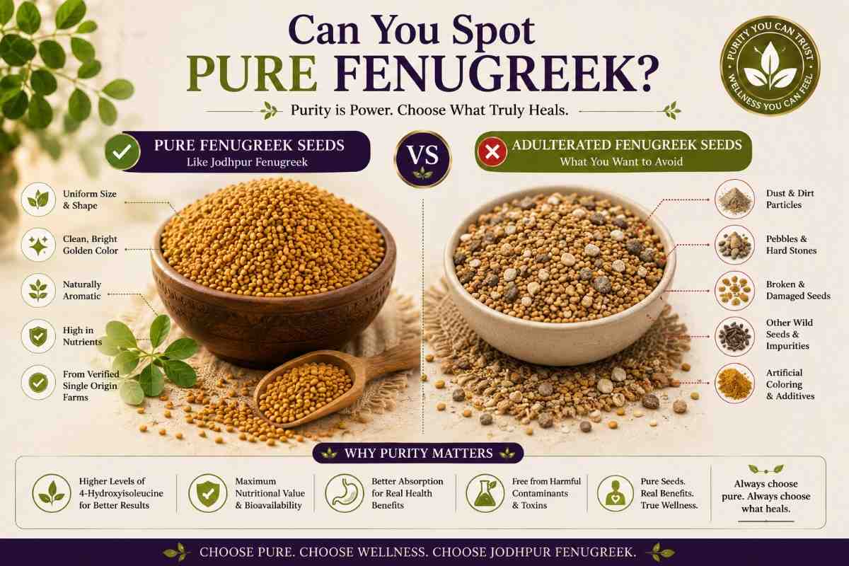 Comparison of pure Jodhpur fenugreek seeds versus adulterated fenugreek showing quality, purity, and contamination differences