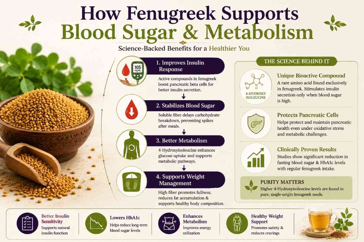 how fenugreek supports blood sugar control, insulin response, metabolism, and healthy weight management