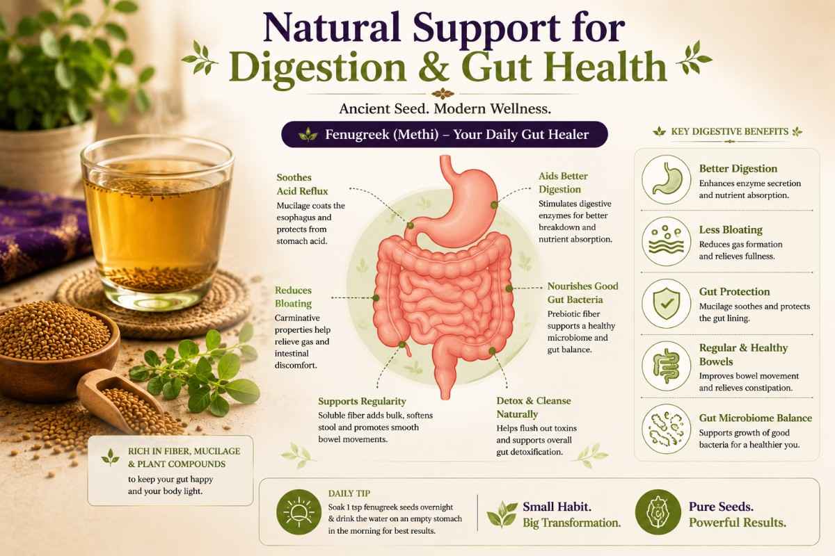 Fenugreek seeds and methi water supporting digestion, reducing bloating, improving gut health, and promoting digestive wellness