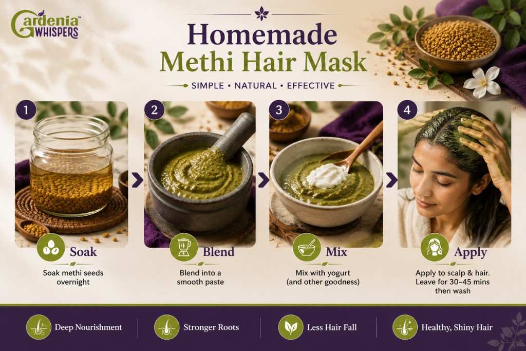 Homemade methi hair mask steps with soaking blending mixing and applying