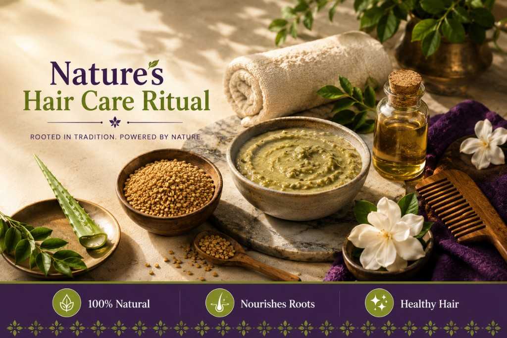 Natural methi hair care ritual with fenugreek seeds, hair mask, oil, and herbs