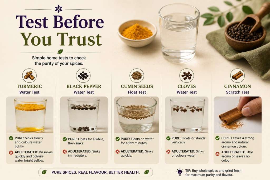 Home purity tests for turmeric, black pepper, cumin, cloves and cinnamon